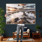 Rocky Coast Ocean Sunset Wall Art Canvas Print, Dramatic Seascape Nature Decor