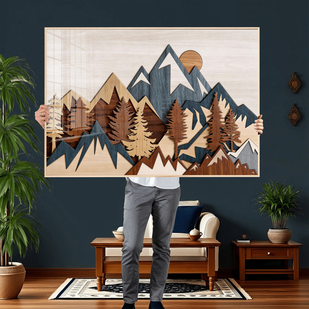Layered Wooden Mountain Wall Art Canvas Print, Modern Rustic Forest and Pine Landscape