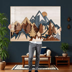 Layered Wooden Mountain Wall Art Canvas Print, Modern Rustic Forest and Pine Landscape
