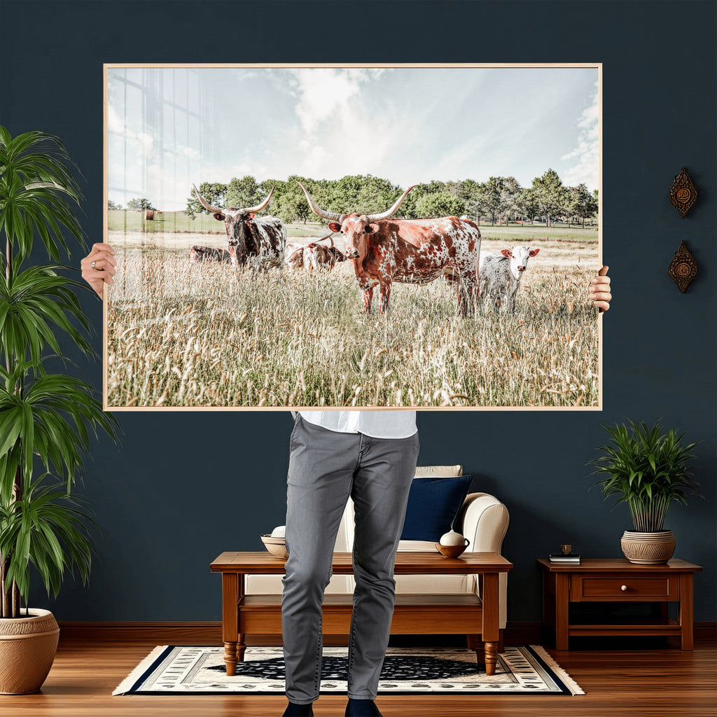 Texas Longhorn Cattle Wall Art Canvas Print, Western Ranch Landscape Decor