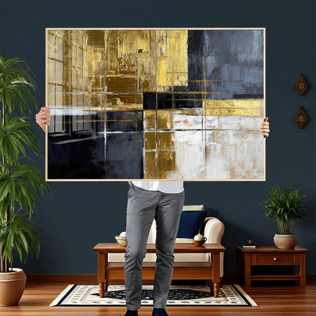 Gold Navy Abstract Wall Art Canvas Print, Modern Luxury Geometric Art for Living Room and Office