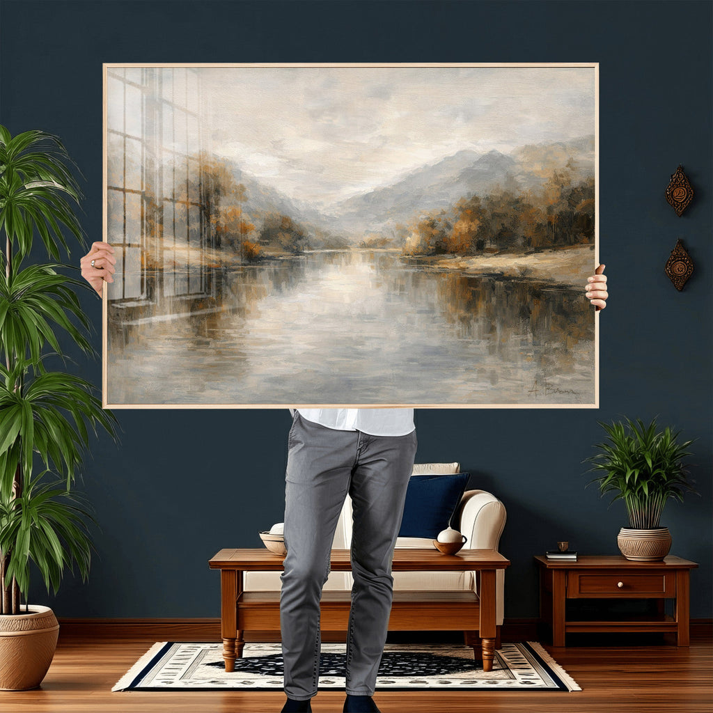 Neutral Abstract River Landscape Wall Art Canvas Print
