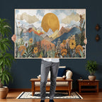 Boho Mountain Landscape Large Wall Art, Horizontal Gold Sun and Flowers Print