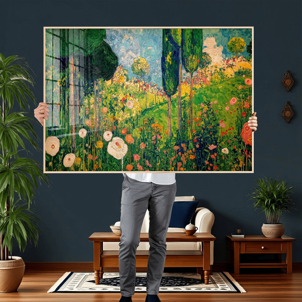 Gustav Klimt Boho Mountain Landscape Large Wall Art, Gold Sun and Flowers Print
