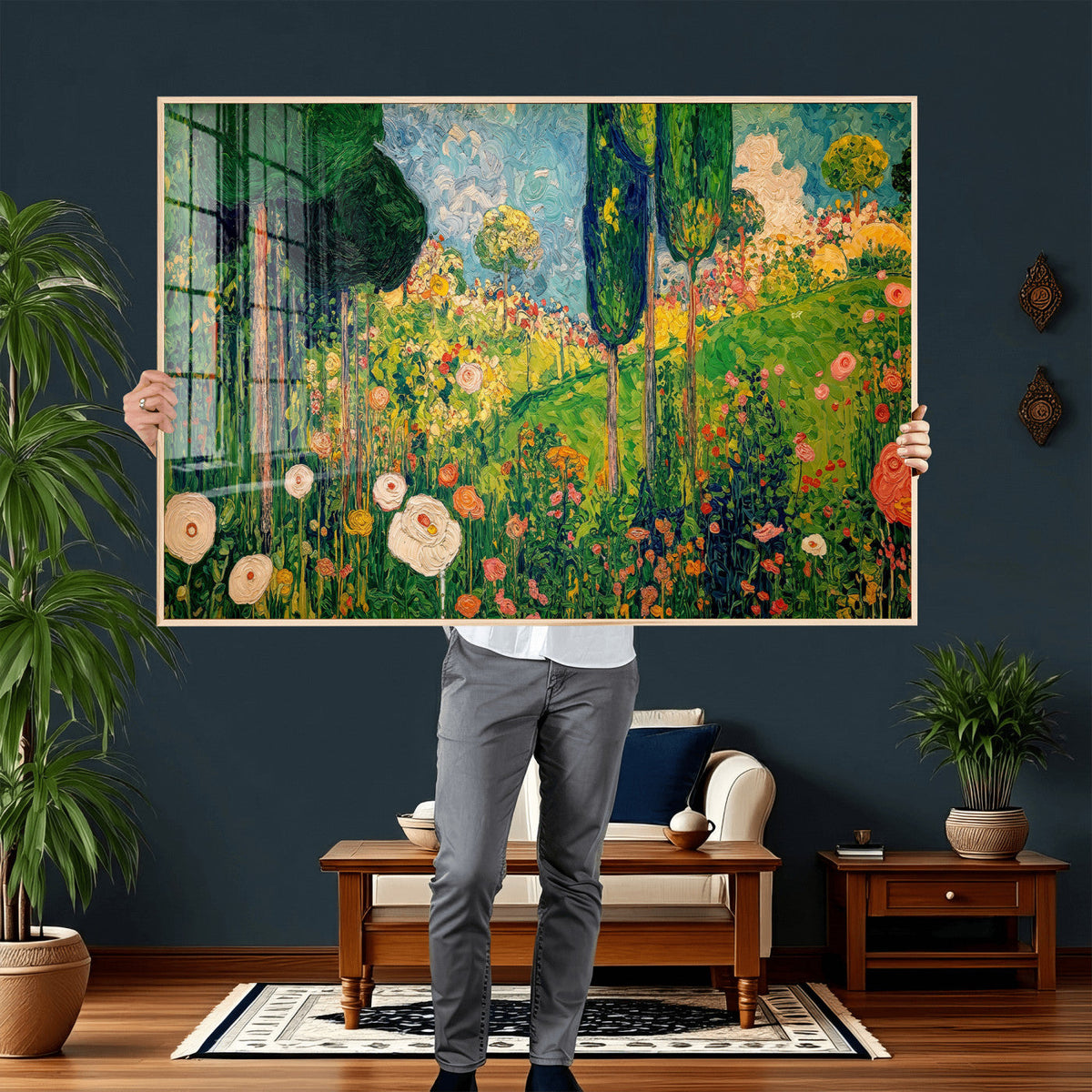 Gustav Klimt Boho Mountain Landscape Large Wall Art, Gold Sun and Flowers Print