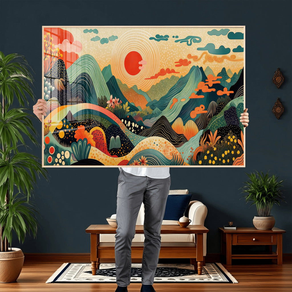 Yayoi Kusama Boho Mountain Landscape Large Wall Art, Gold Sun and Flowers Print