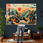 Yayoi Kusama Boho Mountain Landscape Large Wall Art, Gold Sun and Flowers Print
