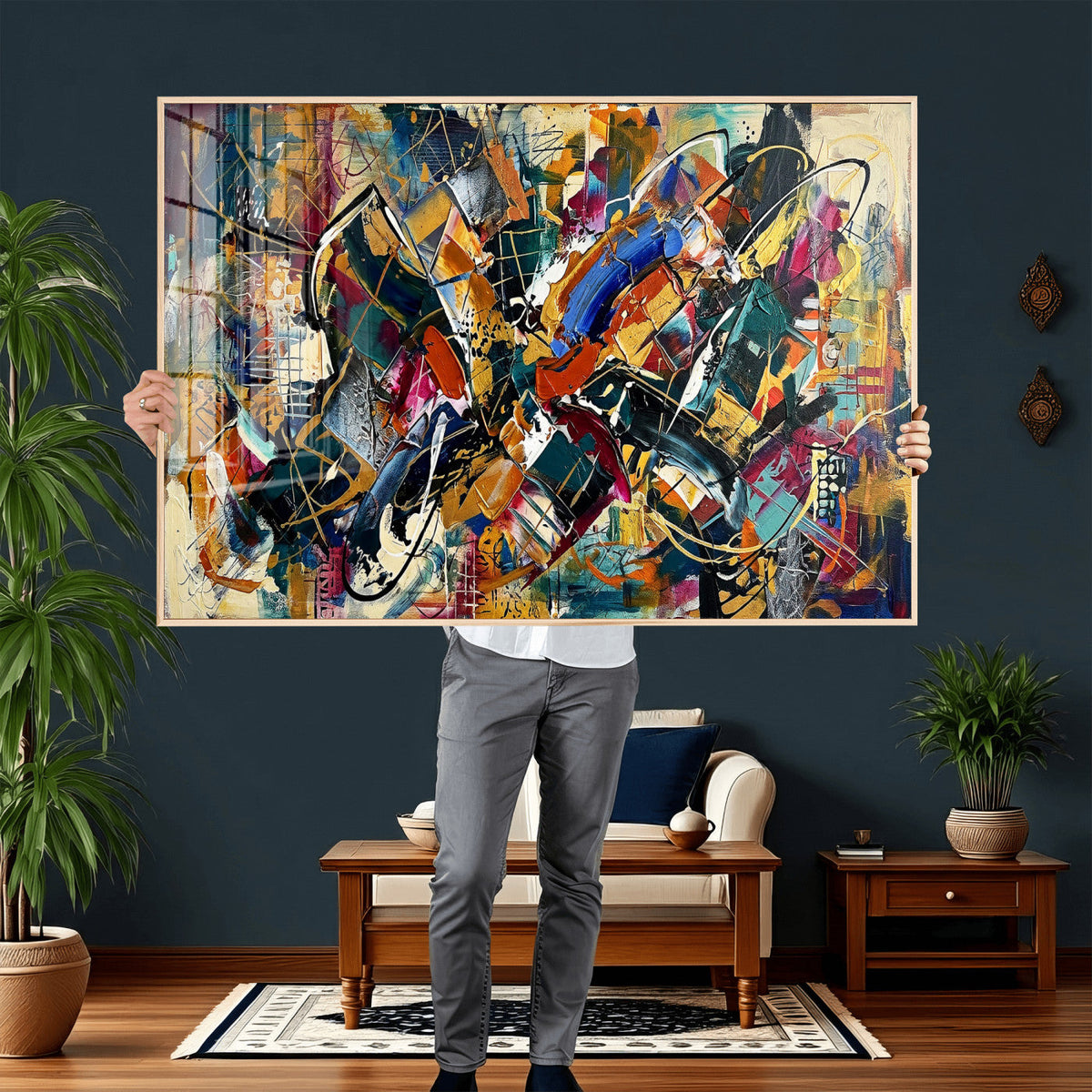 Geometric Abstract Wall Art Canvas Print, Orange Blue