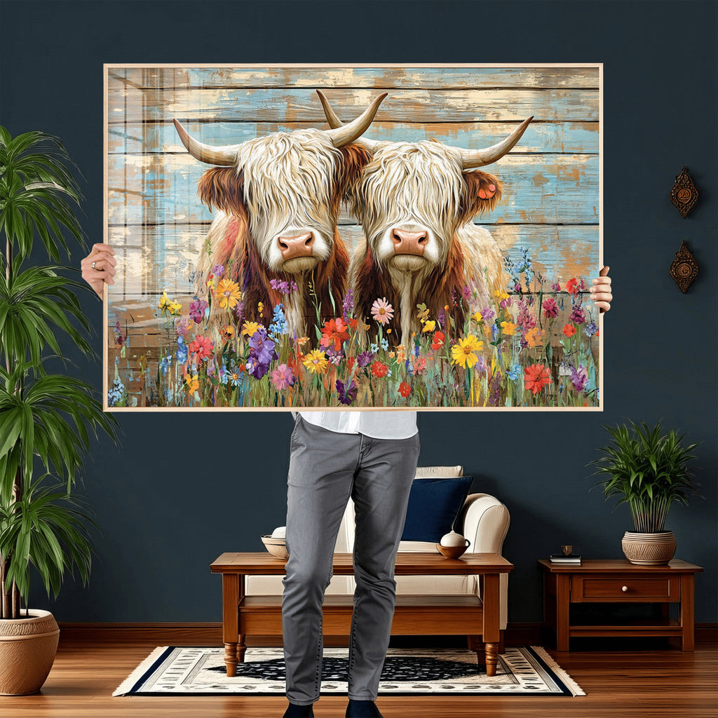 Cute Highland Cow Canvas Wall Art - Rustic Farmhouse Decor
