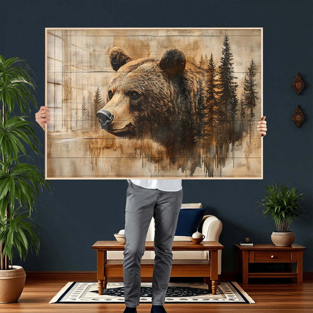 Rustic Grizzly Bear Wall Art, Abstract Grizzly 399 Bear Canvas Print, Woodland Wildlife