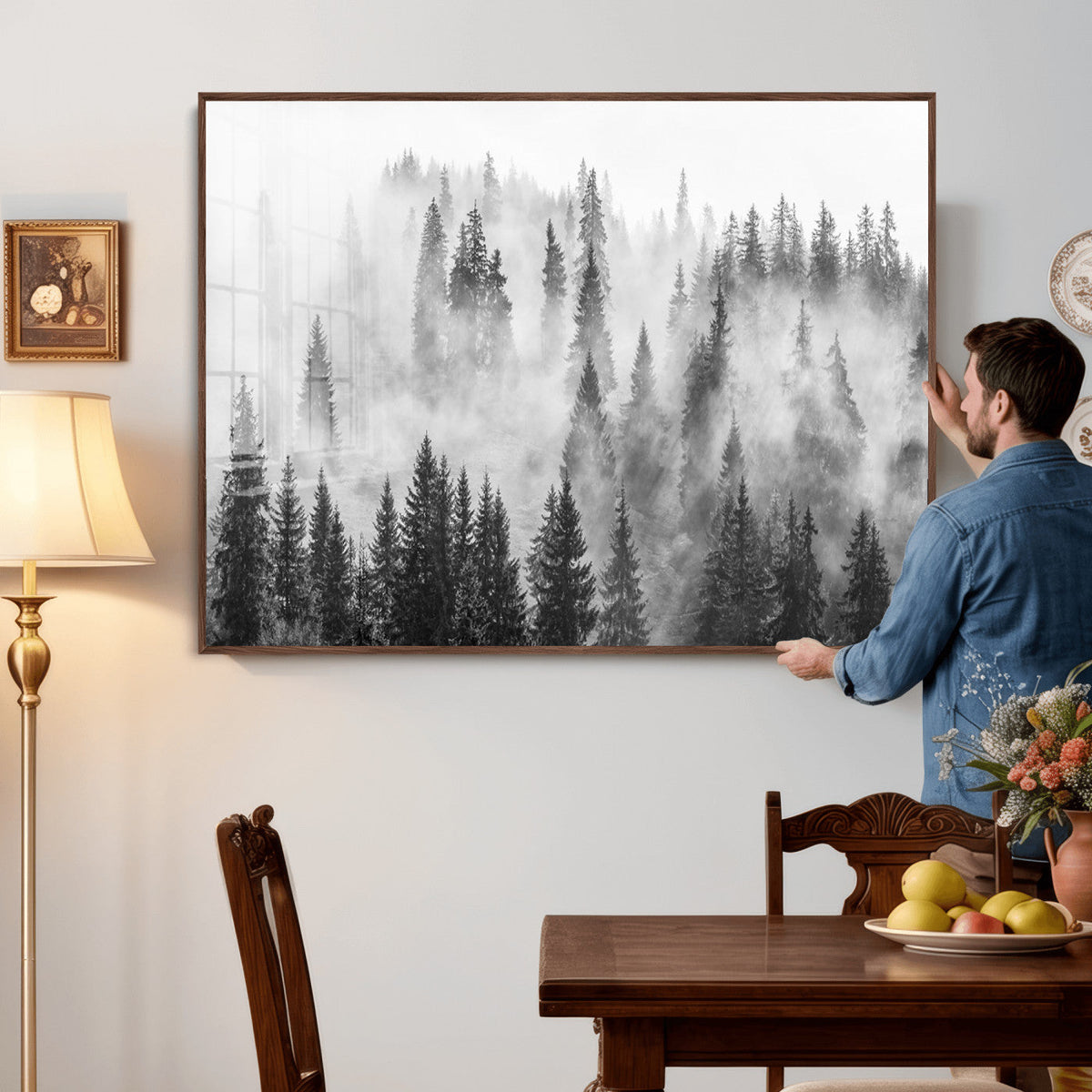 Forest Wall Art Print | Foggy Pine Forest Canvas Wall Art, Black and White Nature Decor