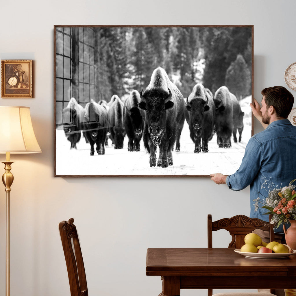 Bison Herd in Snow Wall Art Canvas Print | Rustic Western Bison Wall Art for Living Room and Farmhouse Decor
