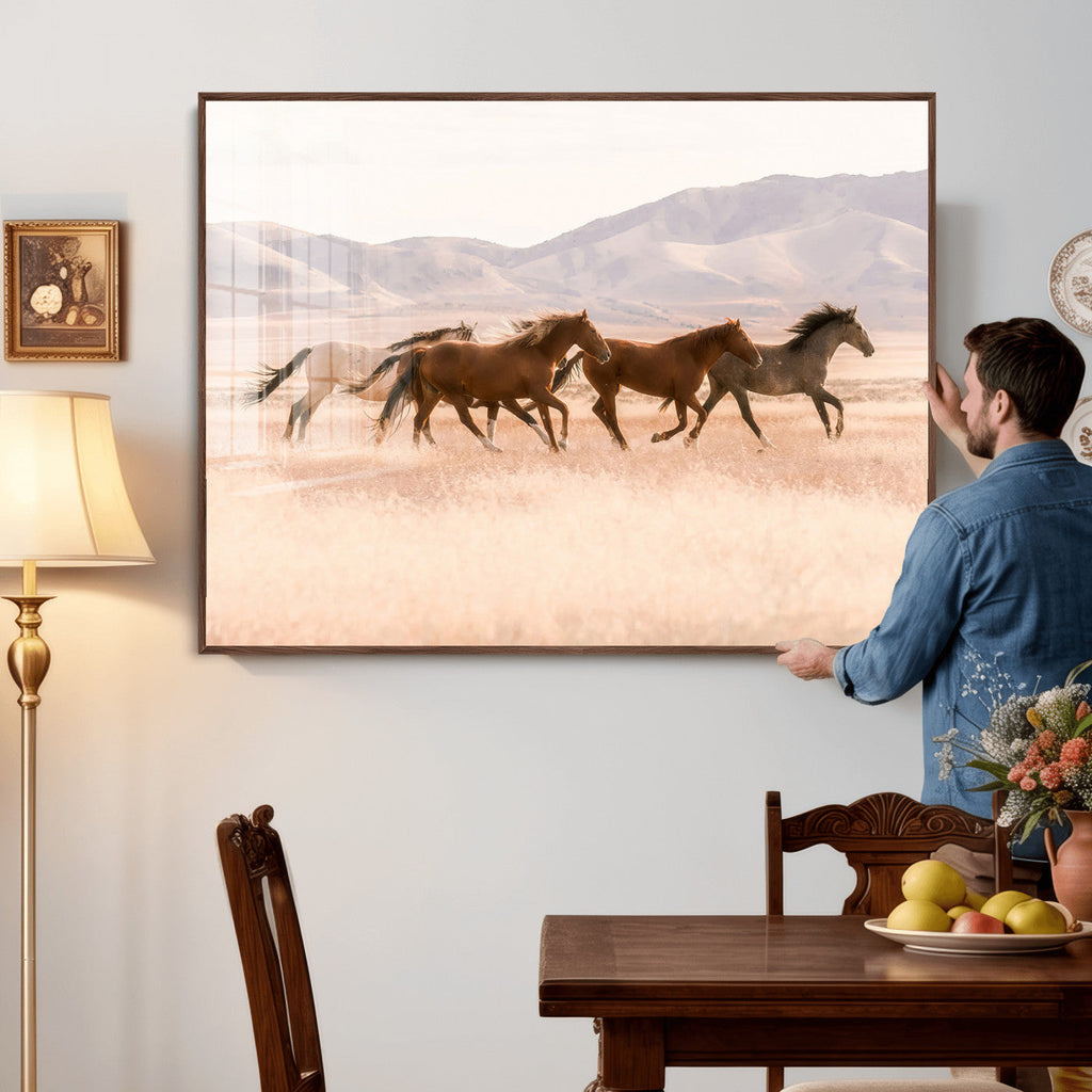 Wild Horse Wall Art Canvas Print, Framed Rustic Western Art, Desert Horse Scene