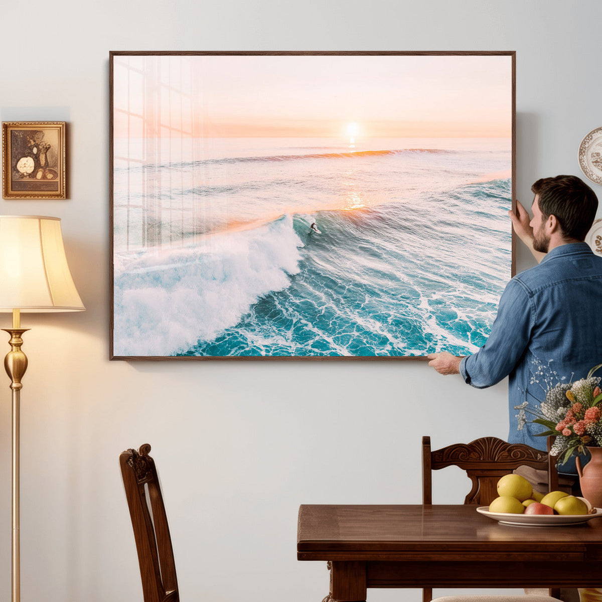 Sunset Surfing Wall Art Canvas Print, Ocean Wave Surfer with Golden Sky