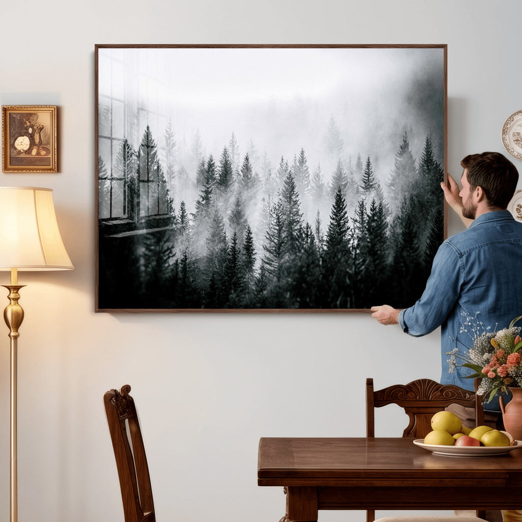 Foggy Forest Wall Art Canvas Print, Mountain Woodland Landscape, Minimal Nature Decor