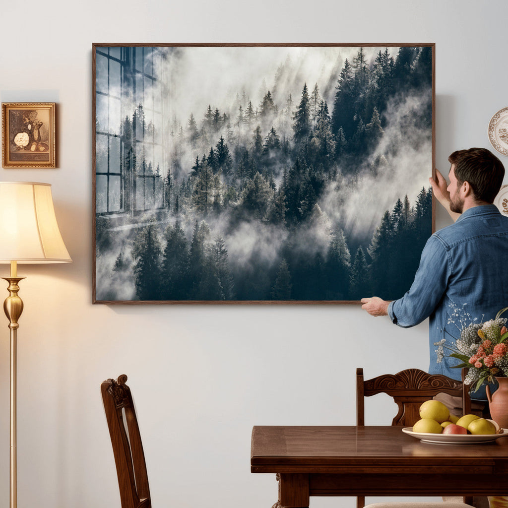 Foggy Mountain Forest Canvas Print, Misty Pine Trees Nature Wall Art