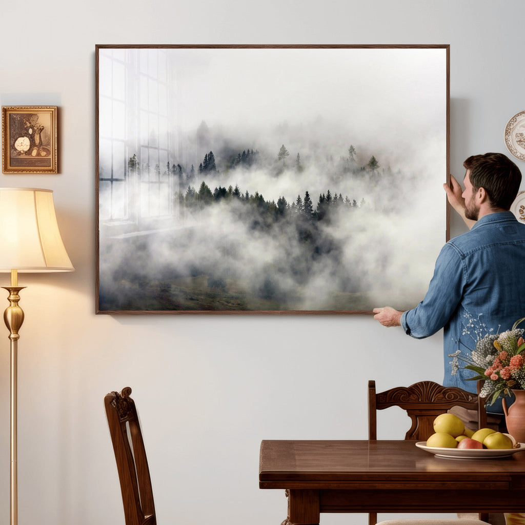 Foggy Forest Wall Art Canvas Print, Misty Pine Tree Landscape