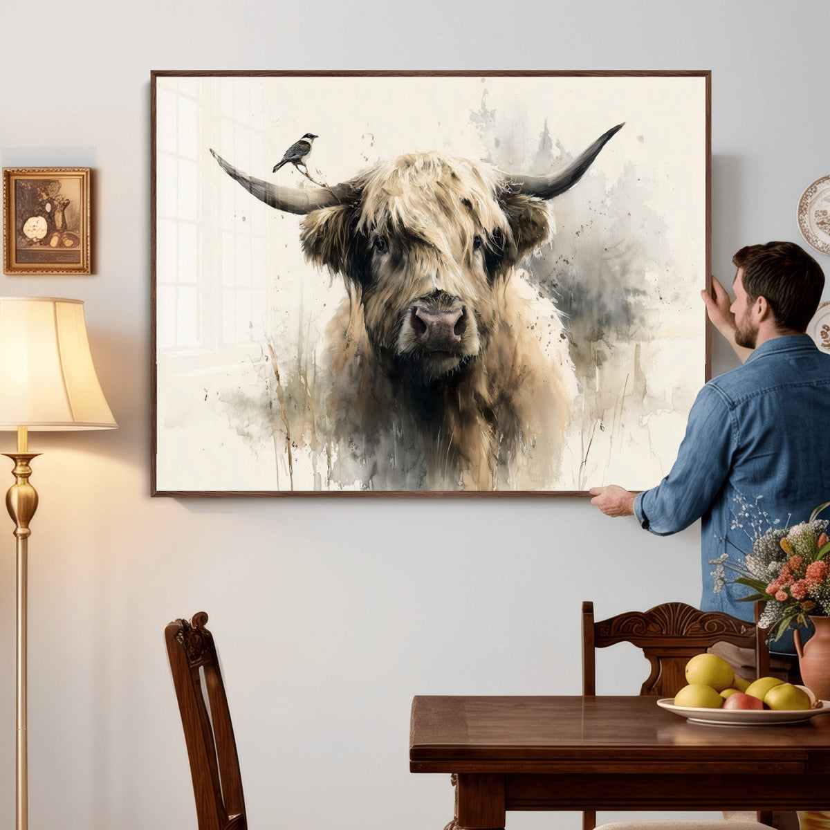 Abstract Highland Cow Wall Art Canvas Print, Rustic Farm Cattle Portrait