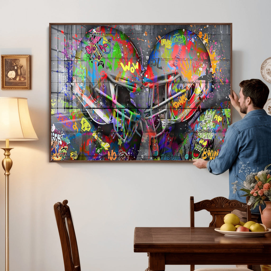 Graffiti Football Helmets Wall Art Canvas Print, Urban Street Art