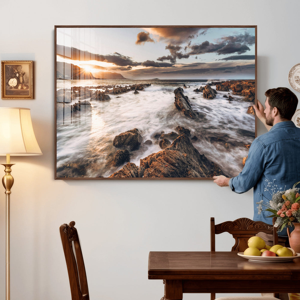 Rocky Coast Ocean Sunset Wall Art Canvas Print, Dramatic Seascape Nature Decor