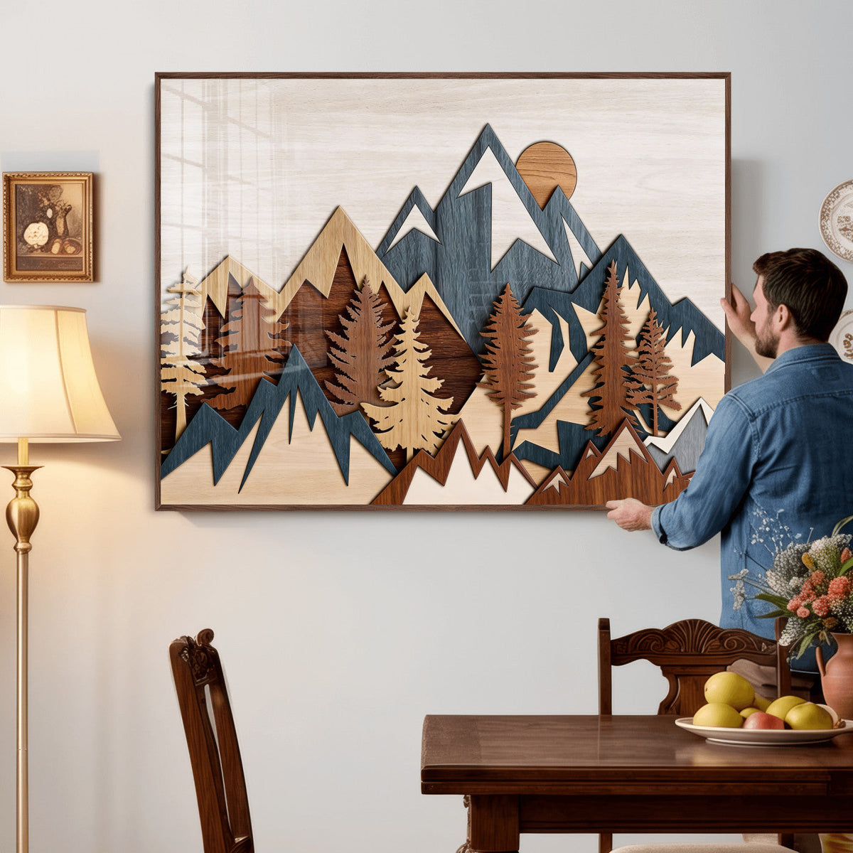Layered Wooden Mountain Wall Art Canvas Print, Modern Rustic Forest and Pine Landscape