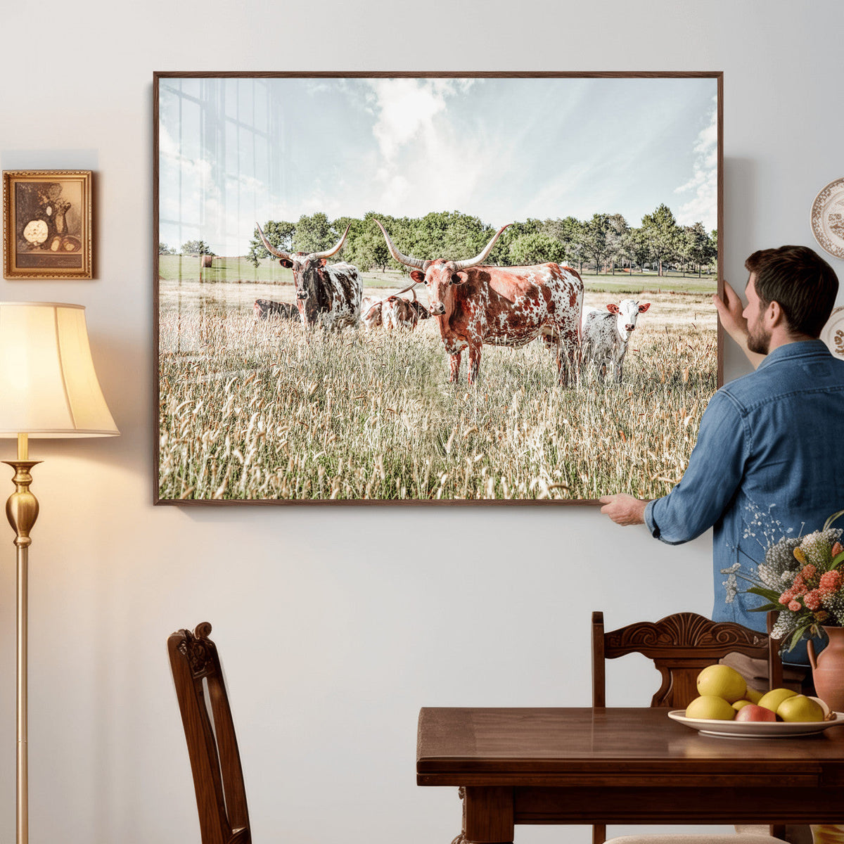 Texas Longhorn Cattle Wall Art Canvas Print, Western Ranch Landscape Decor