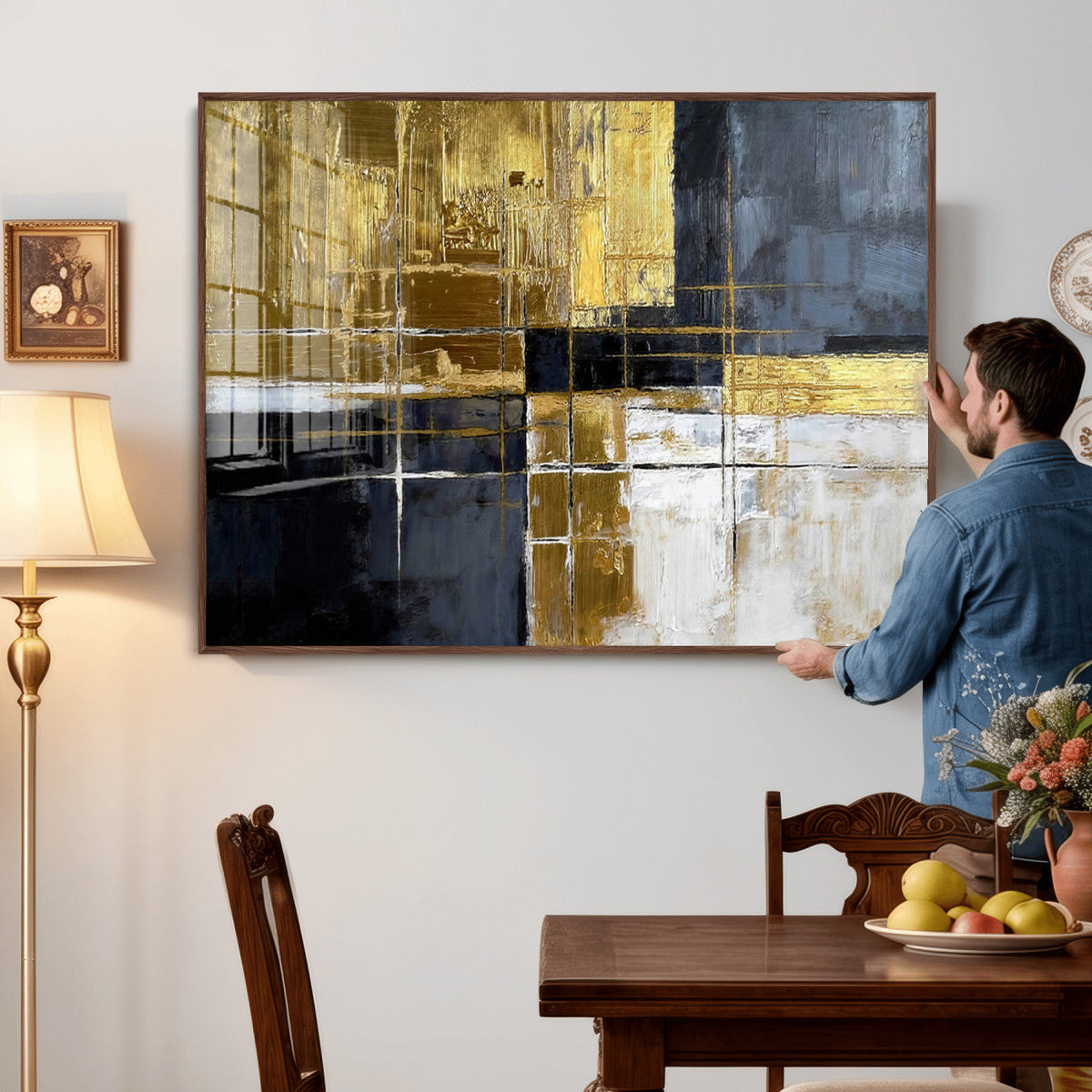 Gold Navy Abstract Wall Art Canvas Print, Modern Luxury Geometric Art for Living Room and Office