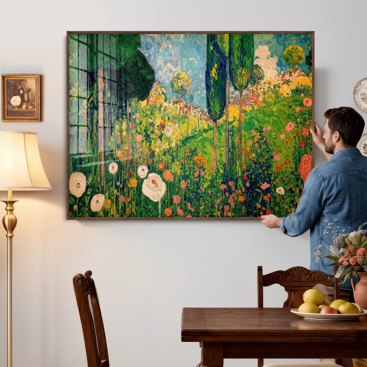 Gustav Klimt Boho Mountain Landscape Large Wall Art, Gold Sun and Flowers Print