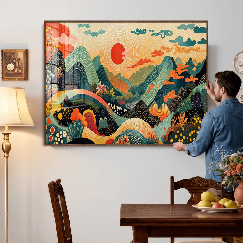 Yayoi Kusama Boho Mountain Landscape Large Wall Art, Gold Sun and Flowers Print