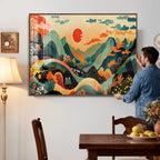 Yayoi Kusama Boho Mountain Landscape Large Wall Art, Gold Sun and Flowers Print