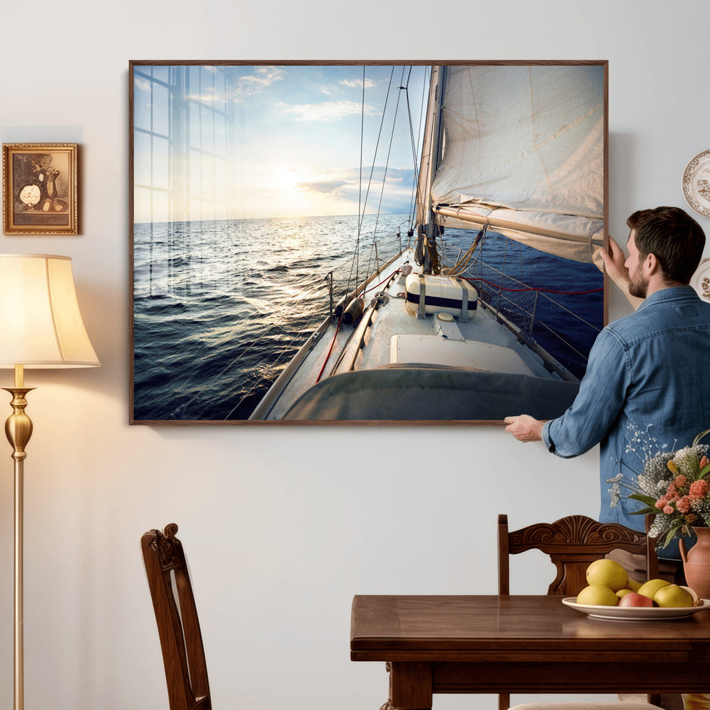 Sailboat Wall Art Canvas Print, Ocean Sunset Sailing Framed Artwork