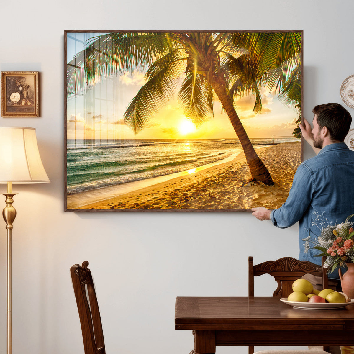 Beach Sunset Canvas Wall Art Print - Tropical Beach Canvas With Palm Trees