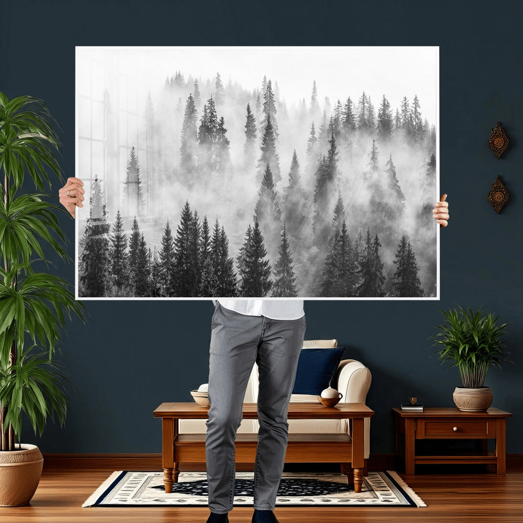 Forest Wall Art Print | Foggy Pine Forest Canvas Wall Art, Black and White Nature Decor