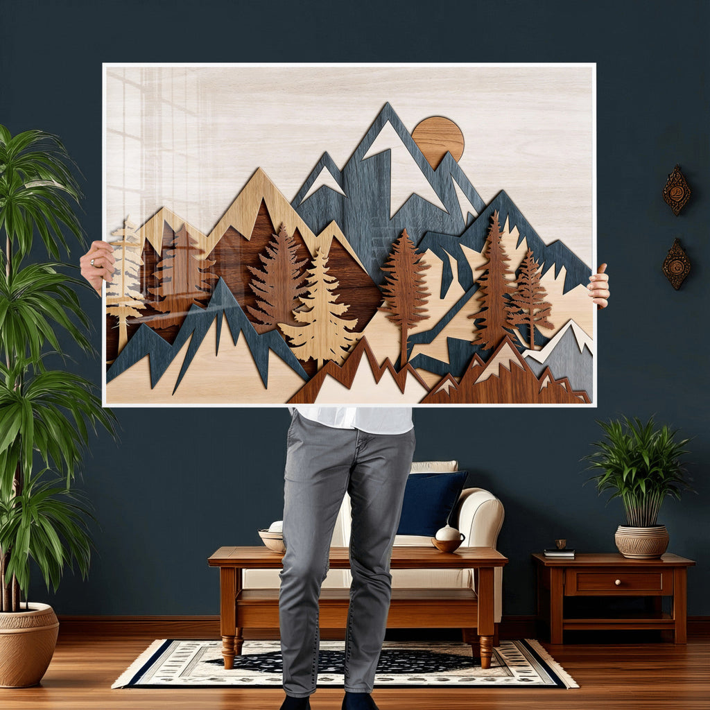 Rustic Abstract Wood Panel Effect Canvas | Mountain Range Top Wood Wall Art Canvas Print