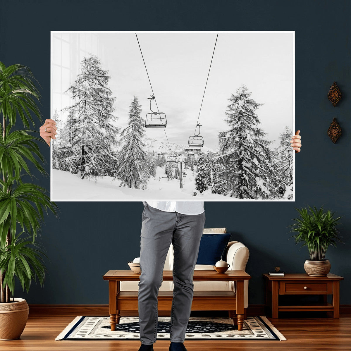 Ski Lift Wall Art | Framed Snowy Mountain Canvas Artwork