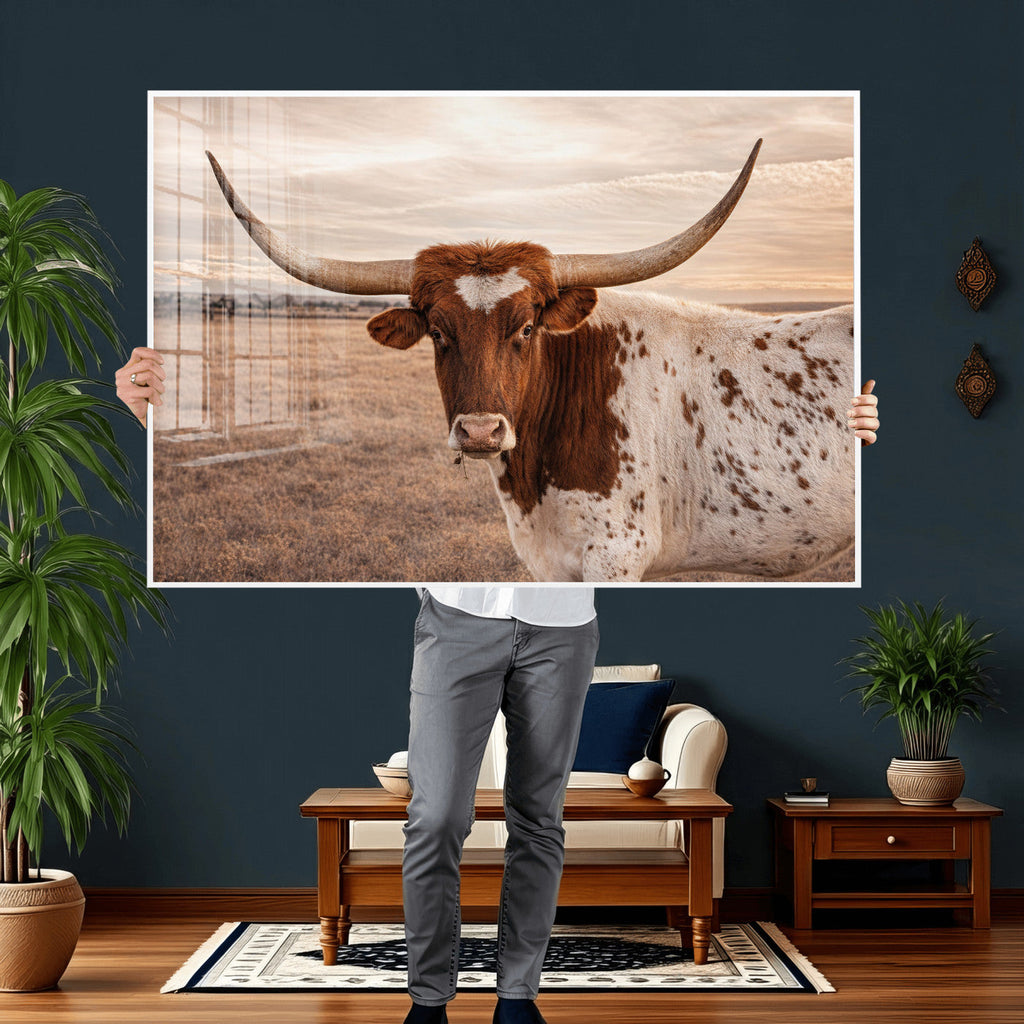 Texas Longhorn Cow Canvas Wall Art, Majestic Bull on a Rustic Western Farm