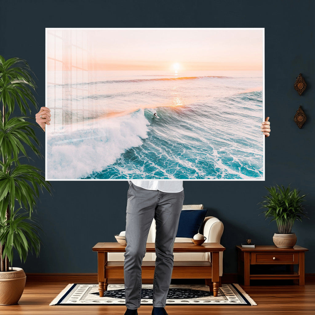 Sunset Surfing Wall Art Canvas Print, Ocean Wave Surfer with Golden Sky