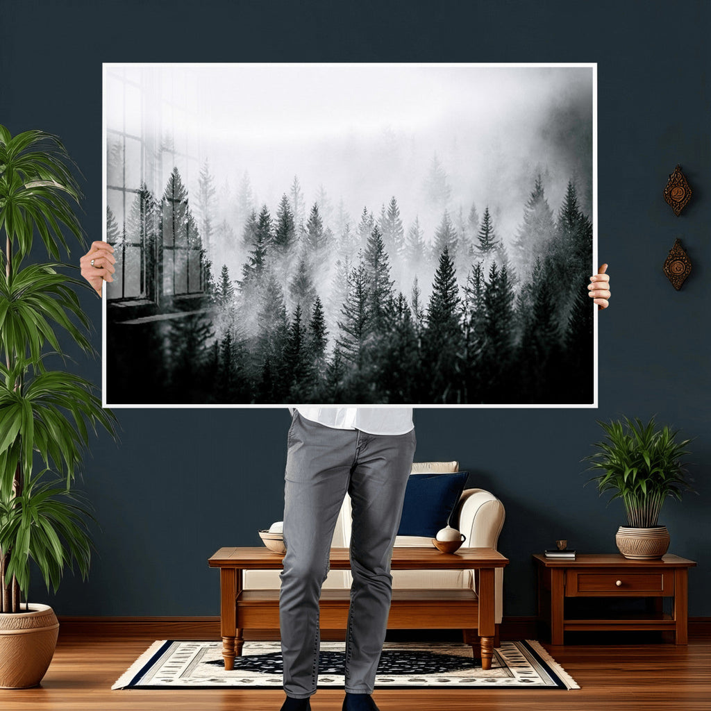 Foggy Forest Wall Art Canvas Print, Mountain Woodland Landscape, Minimal Nature Decor