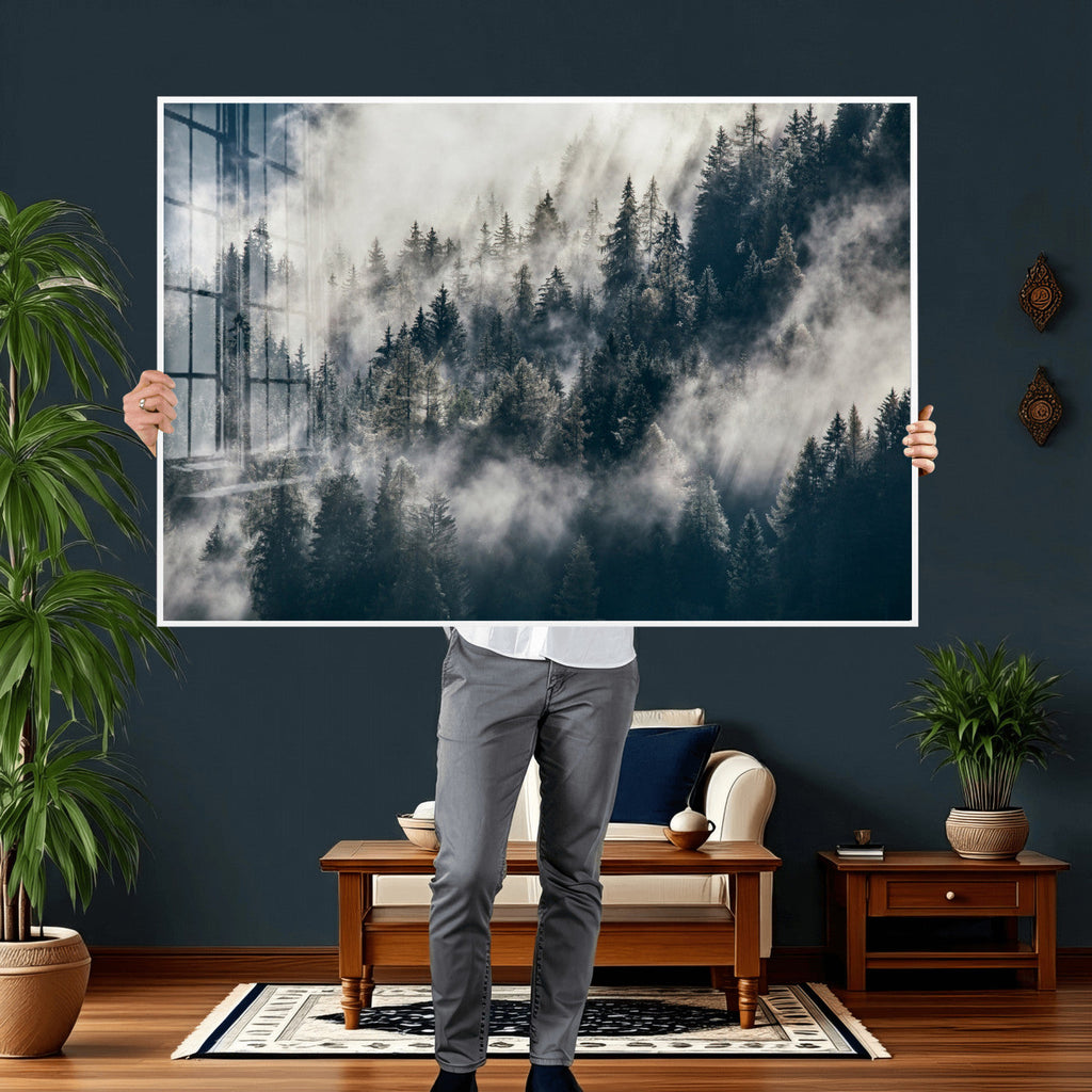 Foggy Mountain Forest Canvas Print, Misty Pine Trees Nature Wall Art