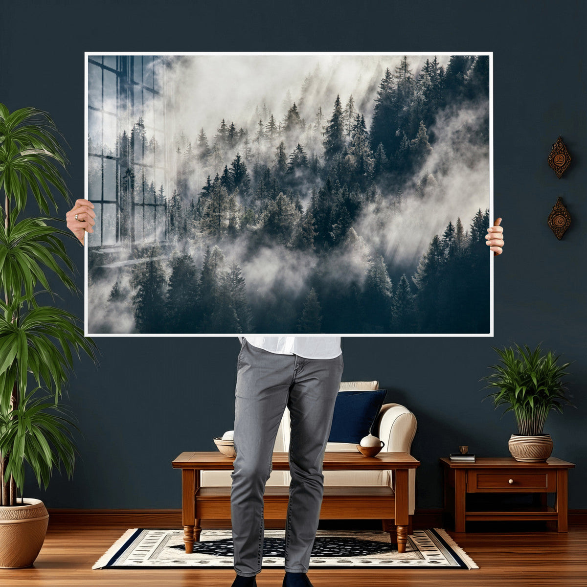 Foggy Mountain Forest Canvas Print, Misty Pine Trees Nature Wall Art