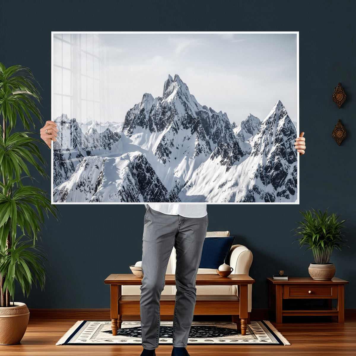 Snowy Mountain Range Canvas Print, Alpine Peaks Landscape Wall Art