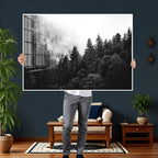 Black White Forest Wall Art Canvas Print, Misty Pine Tree Landscape