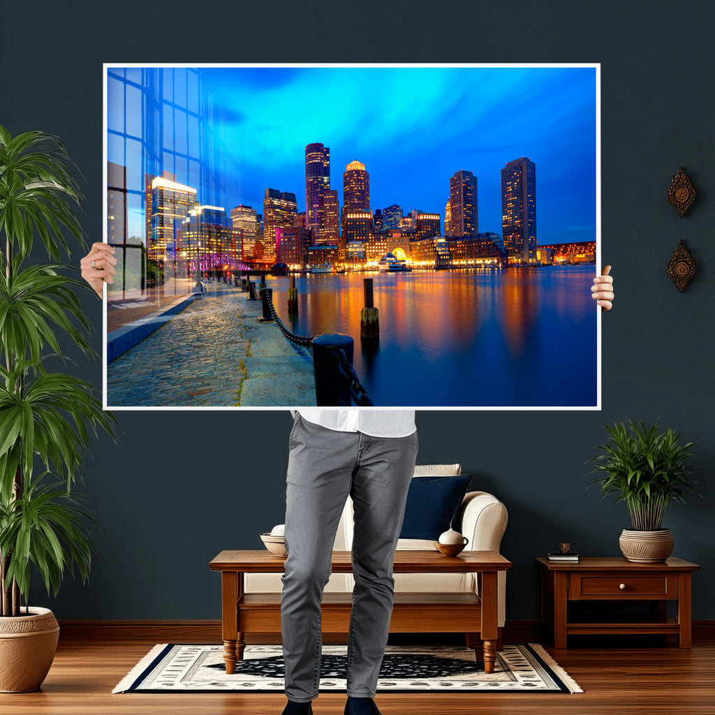 Boston Wall Art Canvas Print, Boston City Downtown Night Cityscape