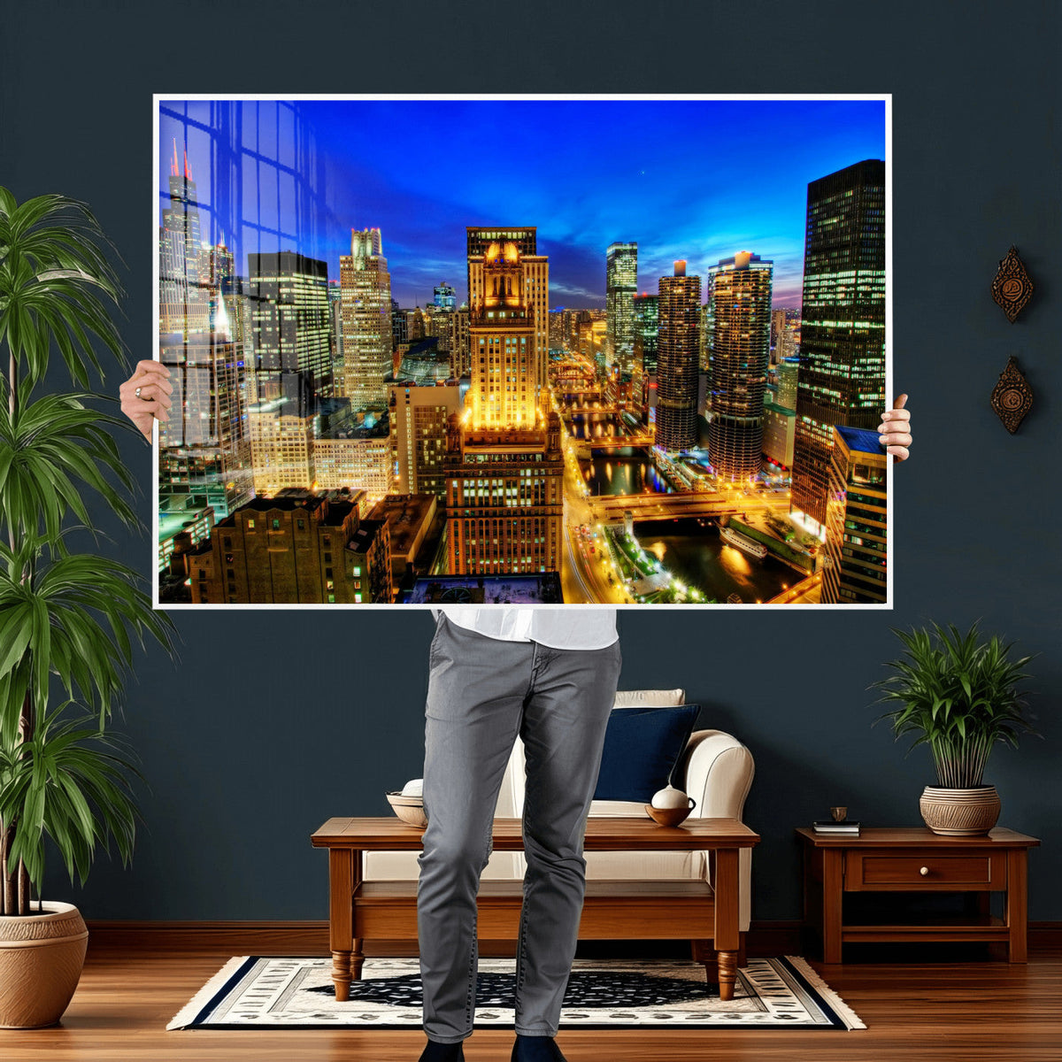 Chicago Wall Art Canvas Print - Chicago City Downtown Night Cityscape