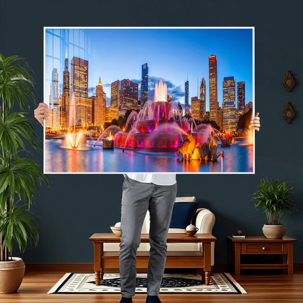 Chicago Wall Art Canvas Print, Chicago City Downtown Night Cityscape