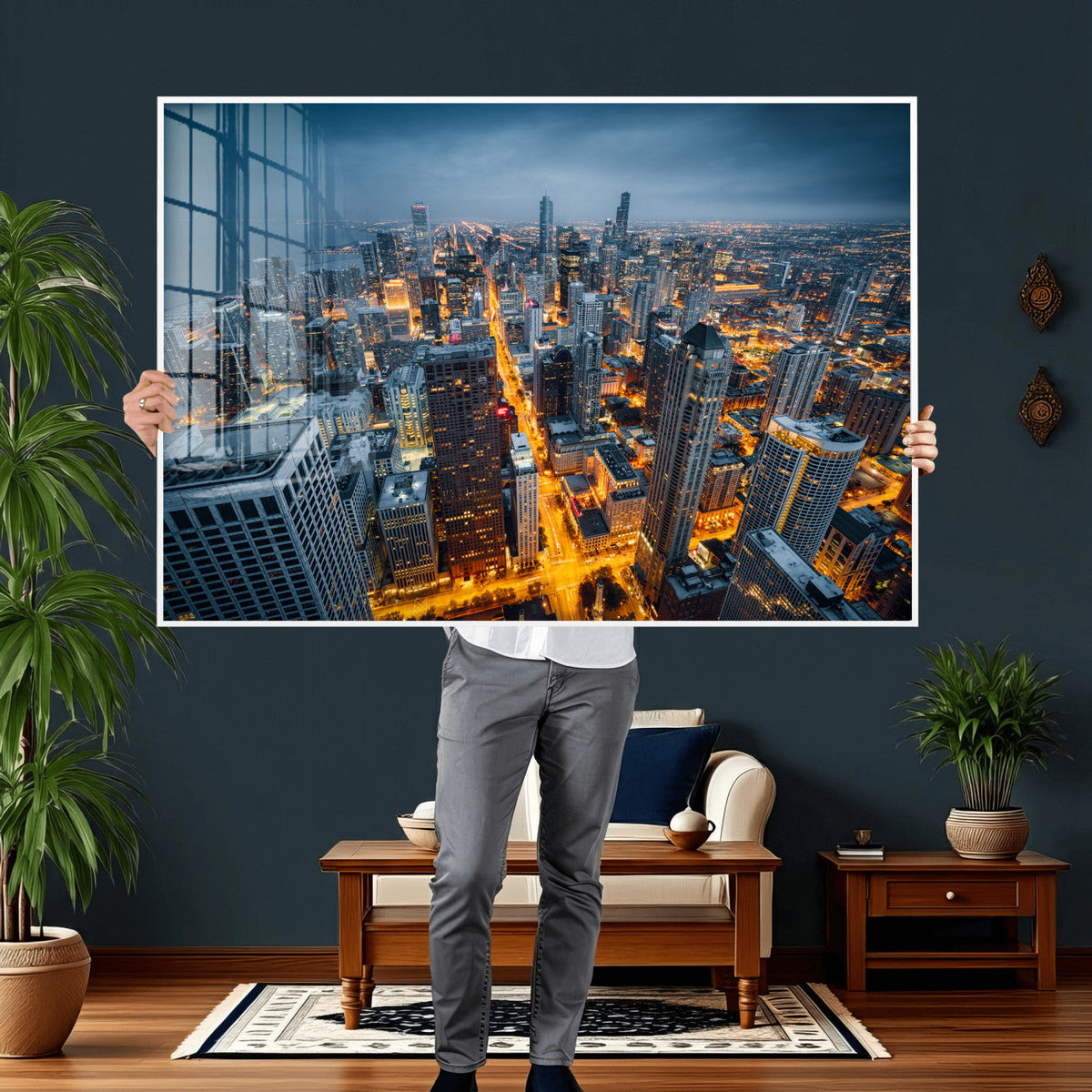 Chicago Wall Art Canvas Print - Chicago City Downtown Night Cityscape