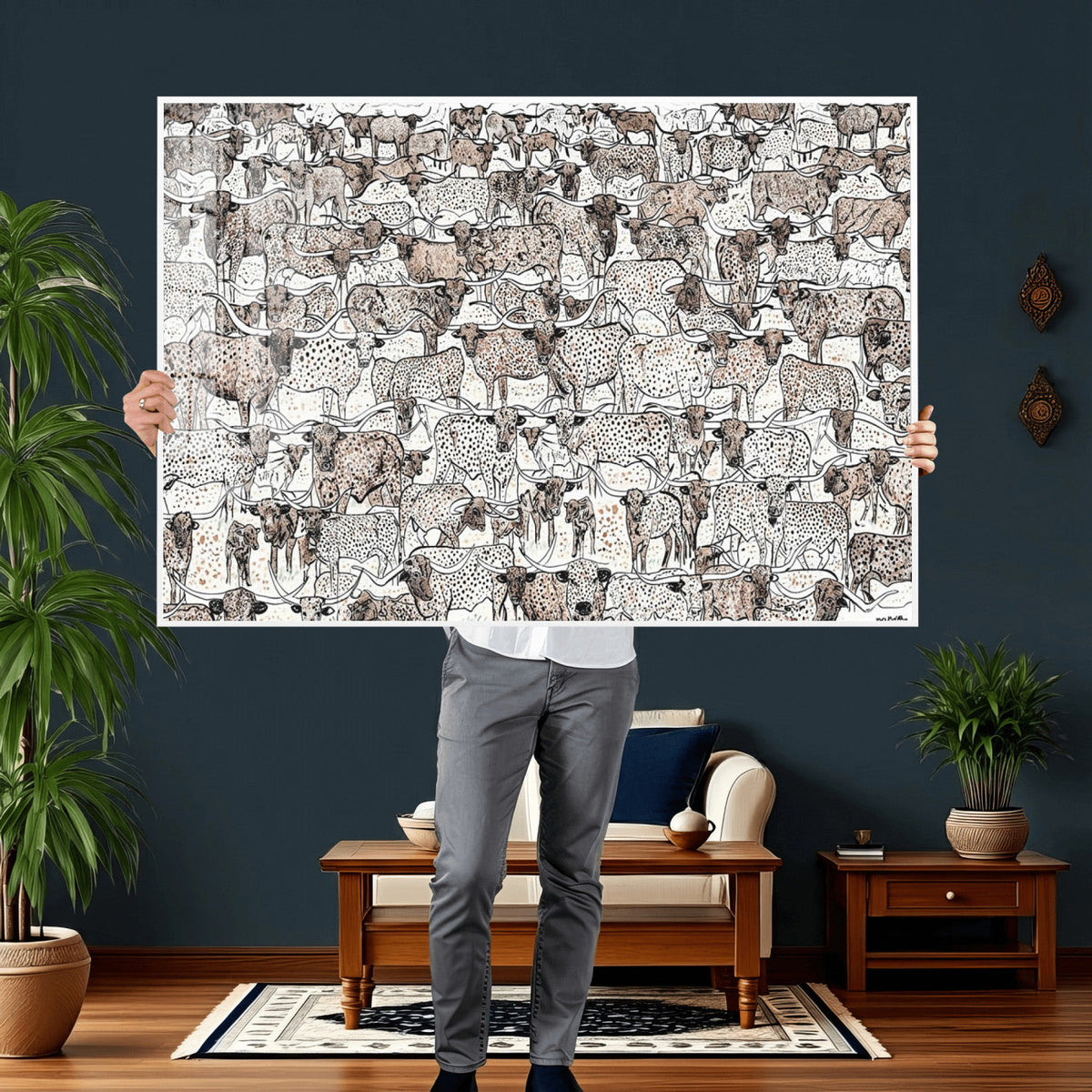 Abstract Texas Cow Wall Art Canvas Print, Farm Longhorn Art for Cabin Decor