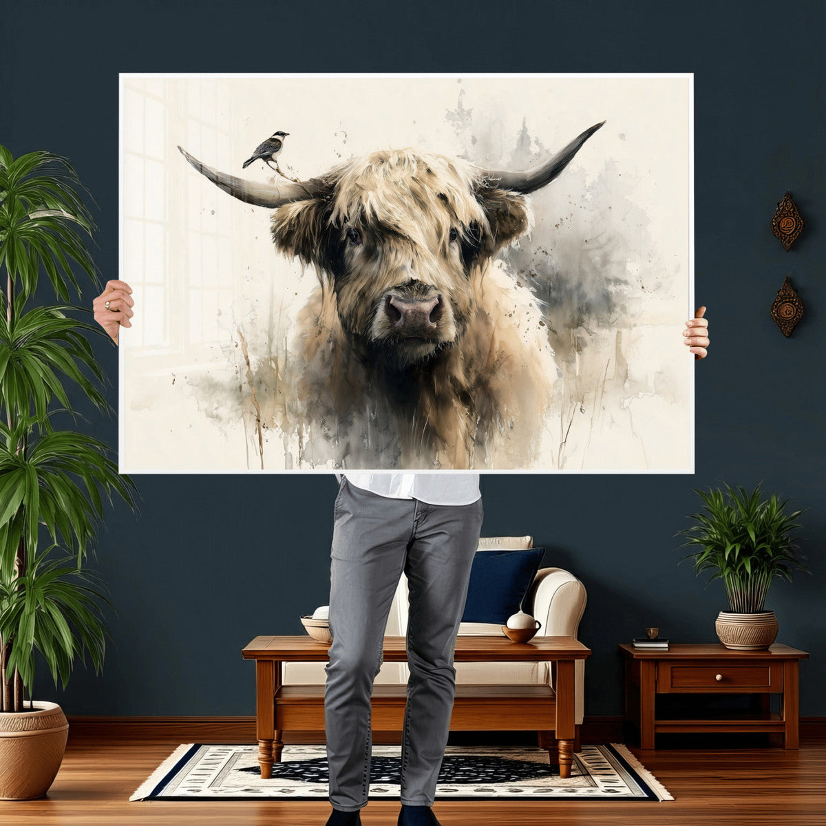 Abstract Highland Cow Wall Art Canvas Print, Rustic Farm Cattle Portrait