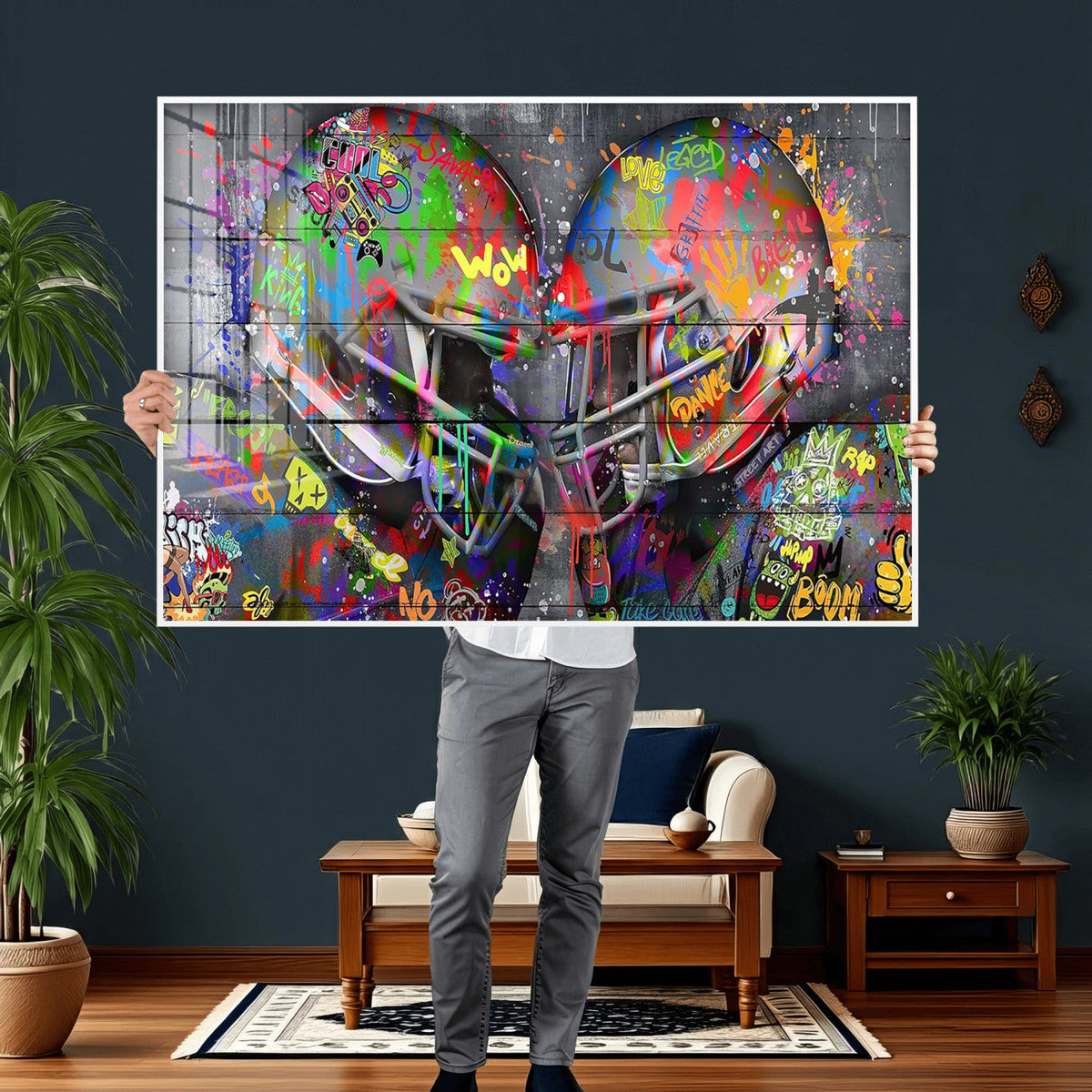 Graffiti Football Helmets Wall Art Canvas Print, Urban Street Art