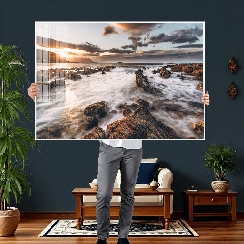 Rocky Coast Ocean Sunset Wall Art Canvas Print, Dramatic Seascape Nature Decor